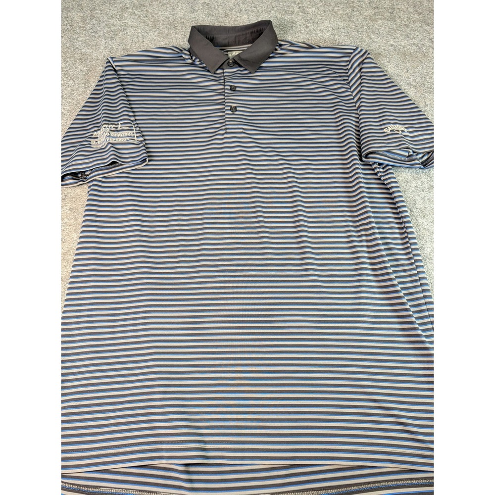 Callaway Opti-Dri Golf Polo Mens Large Gray Blue Striped El Dorado Shootout Logo